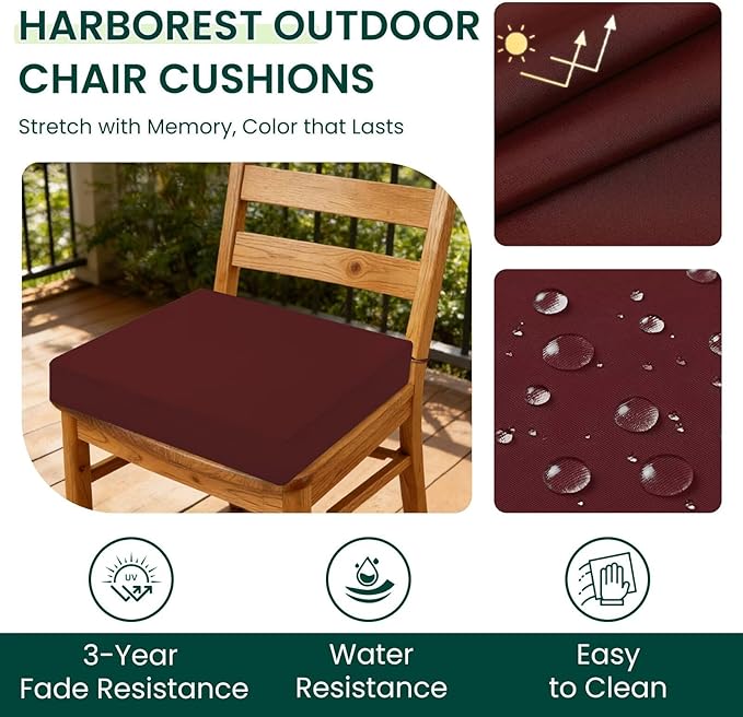 HARBOREST Outdoor Chair Cushions Set of 4, Water Resistant Patio Chair Cushions with Ties, Square Corner Outdoor Seat Cushions for Patio Furniture, 18.5"x16"x3", Burgundy