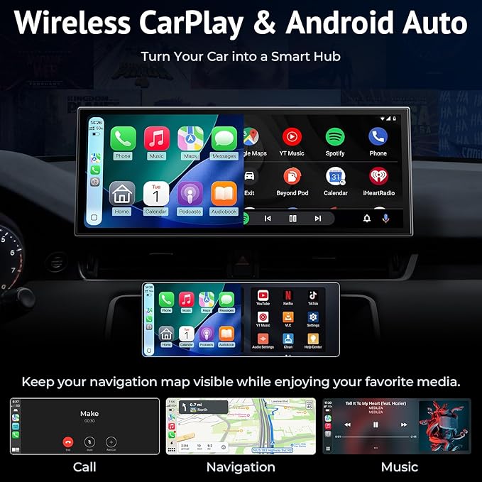 Wireless CarPlay Screen with Net-Flix YouTube, 1080P HD Touchable 10.26-inch Screen and AHD Backup Camera, Compatible with Apple CarPlay & Android Auto, Bluetooth, TF, FM, Siri