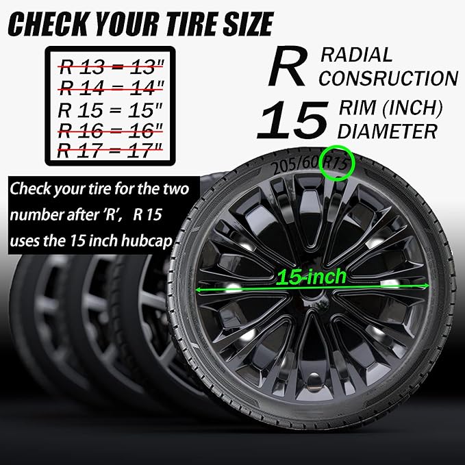 Hubcap Wheel Cover Replacement R15 Hub Caps Universal-Fit Steel Wheel Rim Cover ABS Material Exterior Accessories for Car Truck SUV -Set of 4（15-inch，Black）