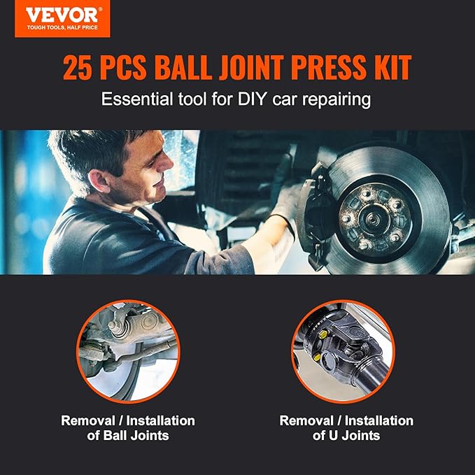 VEVOR Ball Joint Press Kit, 25 pcsTool Kit, C-Press Ball Joint Remove and Install Tools, for Most 2WD and 4WD Cars, Heavy Duty Ball Joint Repair Kit for Automotive Repairing