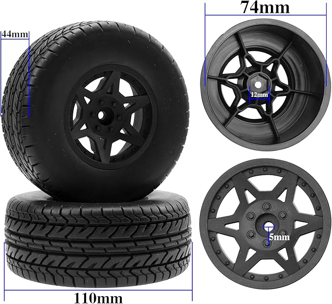 4-Pack RC Short Course Truck Wheels & Tires w/Foam Inserts OD110mm Compatible with Losi Tenacity Traxxas Slash Arrma HPI Redcat Blackout 1/10 RC Short Course,6-Spoke