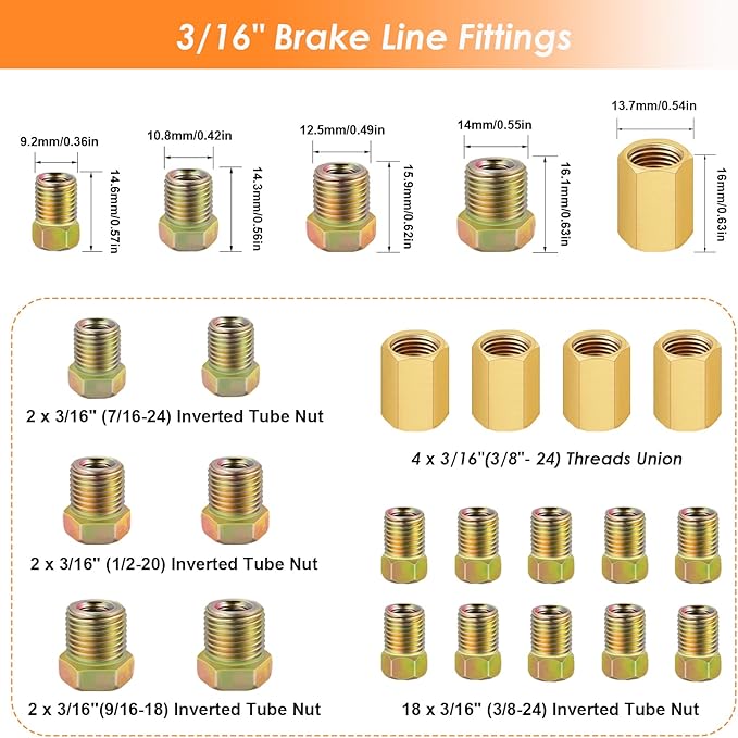 25 ft 3/16inch Zinc Coated Alloy Brake Line Kit(Includes 24 Fittings and 4 Unions) with Double & Single Flaring Tool Kit