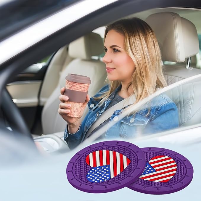 AUCELI 2 Pack Car Cup Holder Coasters, Colored American Flag US Flag Insert Car Cup Coaster, 2.75 Inch Anti Slip Shockproof Embedded Drink Mat, Vehicle Interior Decor Accessories