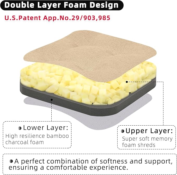 GOFORIT Memory Foam Cushion，Square Seat Cushions for Dining Chairs,Non-Slip Chair Pads with Removable Cover, 16'' x 16'', 2 Pack,Khaki