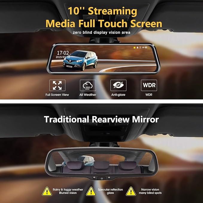 10'' Mirror Dash Cam Night Vision 1080P FHD Full Touch Screen Front and Rear View Backup Camera for Cars Loop Recording Streaming Media 170°Wide Angle Parking Assistance 6M Cable