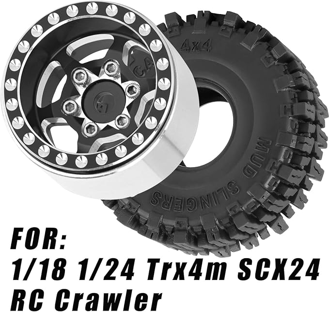 RC 1.0 Beadlock Truck Tires for 1/18 1/24 Trx4m SCX24 RC Crawler,RC Wheels Tires.Aluminum 1.0‘’ Beadlock Wheel Rim&1.0in Tires Tyres.Black(4PCS)