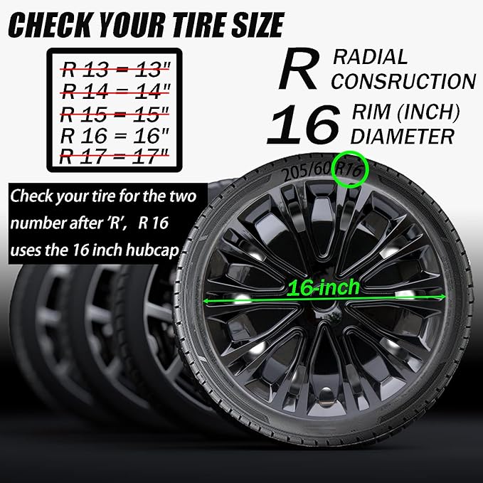 Hubcap Wheel Cover Replacement R16 Hub Caps Universal-Fit Steel Wheel Rim Cover ABS Material Exterior Accessories for Car Truck SUV -Set of 4（16-inch，Black）