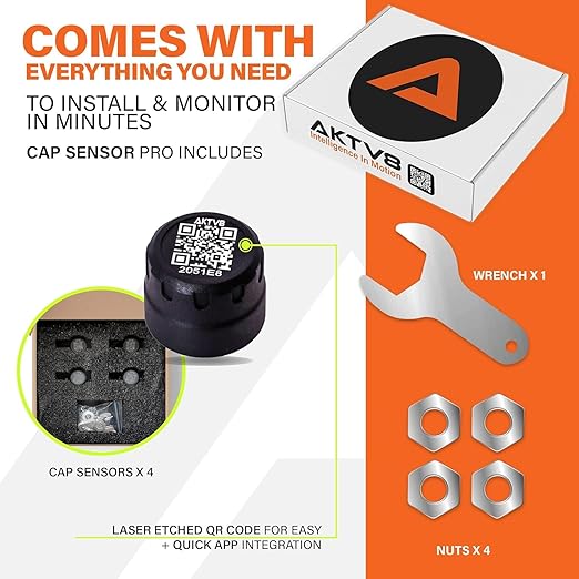 AKTV8 PressureTechTM Wireless Tire Pressure Monitoring System - TPMS Sensors for Cars, RVs, Motorcycles and Trailers - Real-Time Display w/iOS or Android App (0-150 PSI) (Pack of 2)