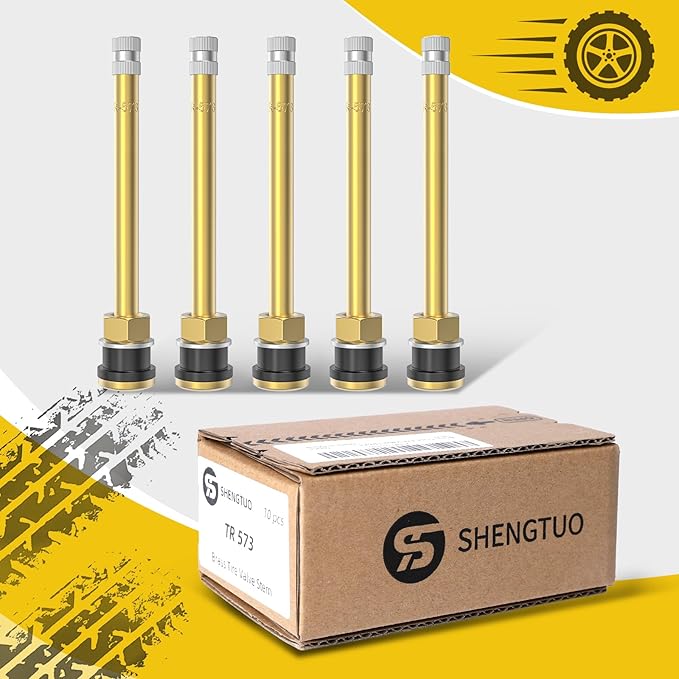 10 Piece TR573 Brass Valve Stems for Commercial Vehicles. Fits 0.748" Valve Hole Dia, Length 4.49'', Brass Colour