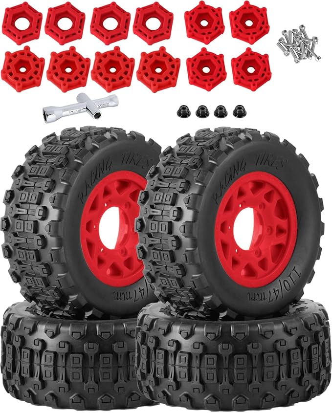 RC Truck Tires RC Wheels and Tires,12mm/14mm/17mm Hex RC Tires for 1/10 Slash 4×4 2WD,Arrm a Senton,Axia1 Red cat Rc 4wd,Off-Road Tire w/RC Wheels Hex,Red