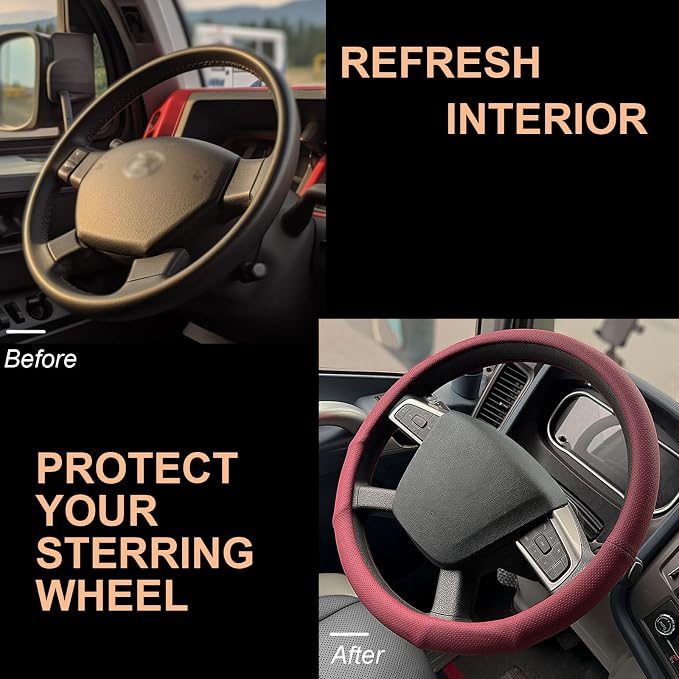 PINCTROT XL 17.5-18in Nappa Leather Supported Grip Steering Wheel Cover for Semi Truck, Fits RV, Big Rig Trucker, 18 Wheeler and Classic Cars, Anti-Slip Perforated Design 17.5-18 Inch (Burgundy Red)