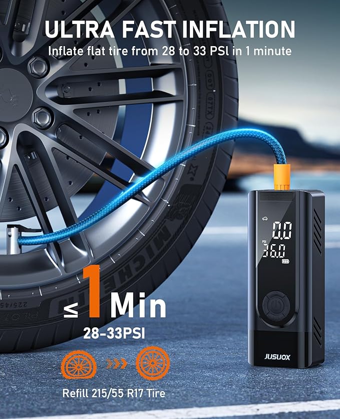 Tire Inflator Portable Air Compressor, Battery & 12V DC Dual Power Air Pump for Car Tires, 150PSI Cordless Bike Tire Pump with Digital Pressure Gauge, LED Light, for Motorcycle, Ball