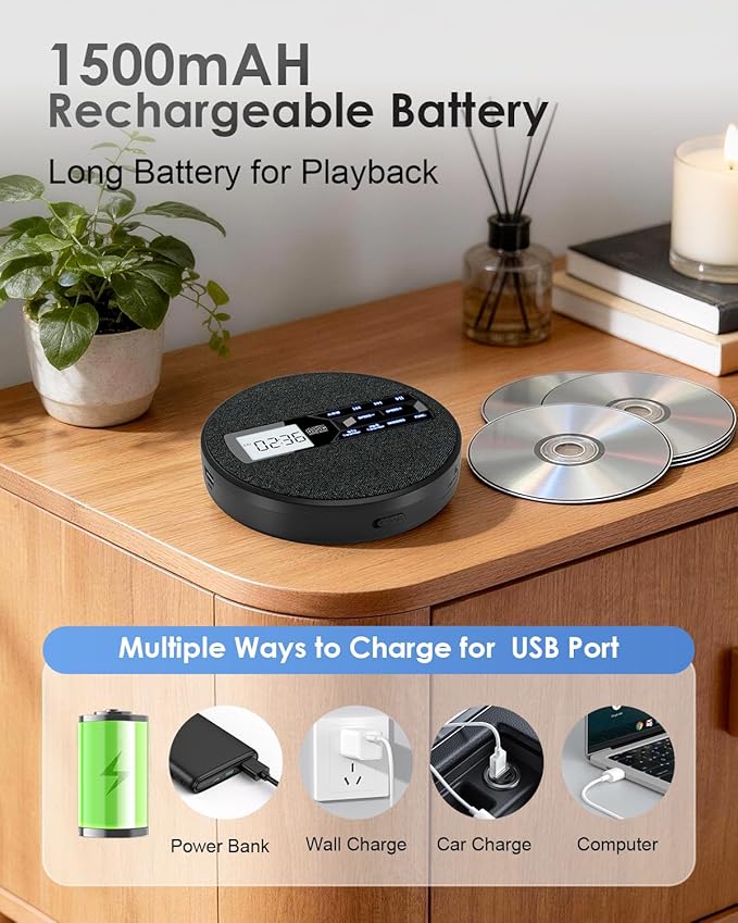 Portable CD Player with FM Transmitter for Car, Rechargeable Small CD Player Portable with Bluetooth & Dual Stereo Speakers for Home, Anti-Skip, Resume Playback, AUX/USB, Headphones