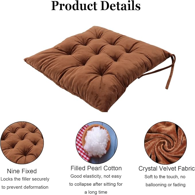 6 Pack Square Seat Cushion Chair Pads for Kitchen Dining Chairs, Soft Comfort Velvet Chair Mat Pillow Cushions with Ties for Office Desk Living Room Tatami 15.5", Coffee