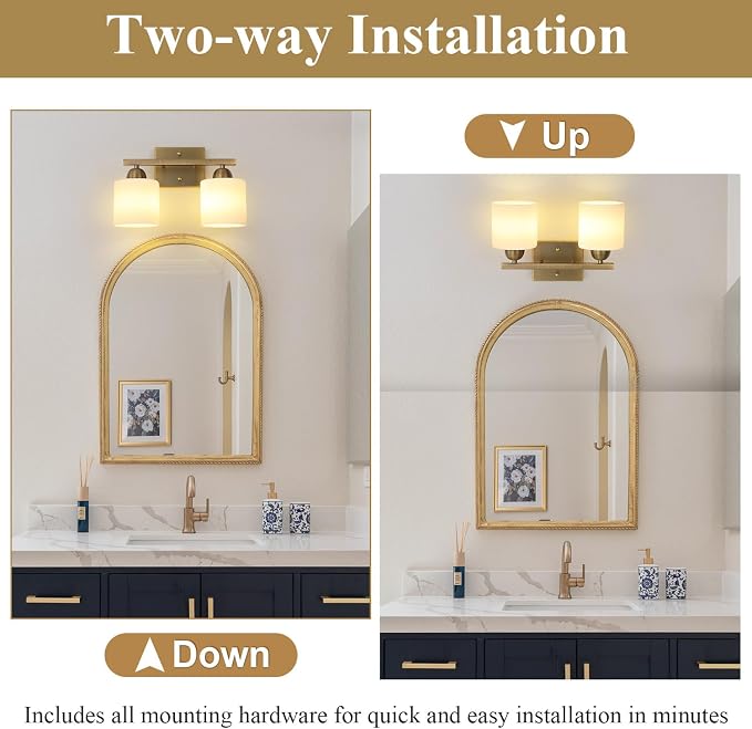 Mecgirn Milk Glass Vanity Lights for Bathroom, 2 Light Antique Matte Brass Bathroom Vanity Light Fixtures Over Mirror, Ceramic E26 Sockets Wall Mounted