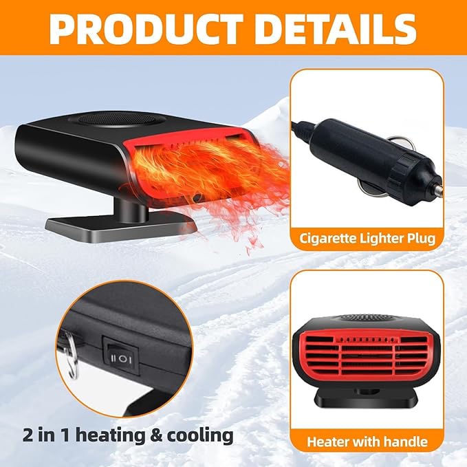 Car Heater, 12V 150W 2-in-1 Defroster Defogger, Portable Heating and Cooling Fan for Windshield, Plug in Cigarette Lighter for Car, Vehicle, Truck, Van