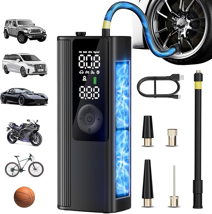 Tire Inflator Portable Air Compressor, 150PSI Air Pump for Car Tires with Pressure Gauge, Fast Tire Inflator for Car, Motorcycle, Bicycle, Balls, LED Light and Auto Shut-Off