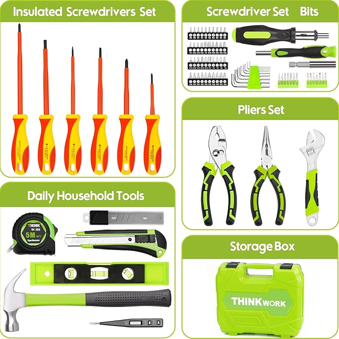 THINKWORK Home Repairing Tool Kit - General Household Hand Tool Set with Storage Toolbox, Small Basic Tool Kit for Men Women, Perfect for DIY, Gift, Home Maintenance, Homeowner, Handyman