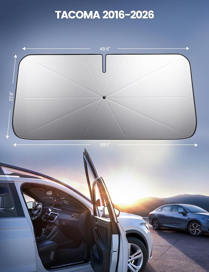 Car Windshield Sunshade for Tacoma (2016-2026) - 2026 Foldable Car Windshield Sun Shade Umbrella, 5-Layer UV Block, 10-Rib Frame, for Tacoma (2016-2026) Interior Sun Protection, Tacoma Accessories