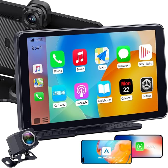 Plug & Play 7" Portable Wireless CarPlay Screen: Supports Apple CarPlay & Android Auto - 1080P Night Vision Backup Camera & 2.5K Dash Cam - Voice Control for Maps & Calls - Upgrade for Older Cars