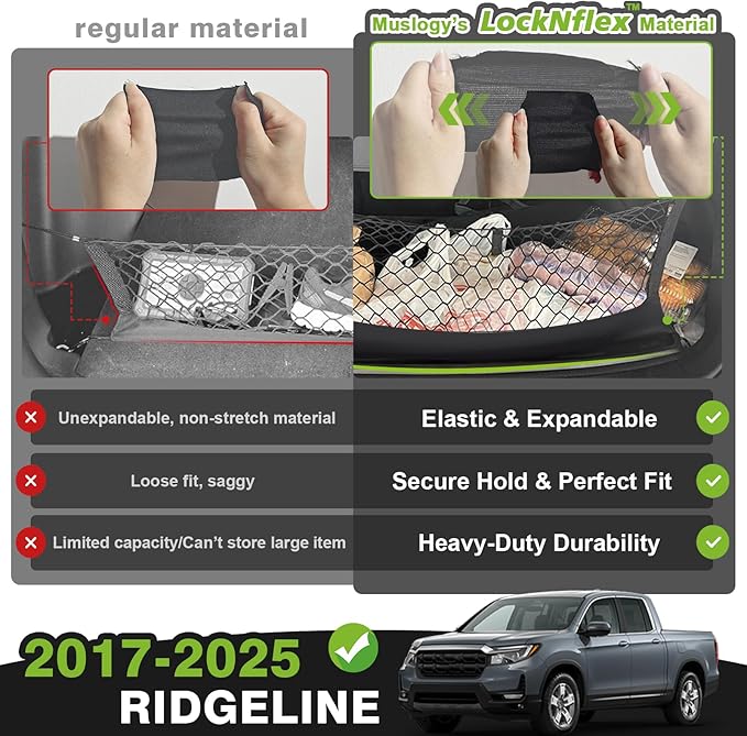 Muslogy Truck Bed Cargo Net Trunk Netting Compatible with Honda Ridgeline 2017-2025 2026 Accessories, Pickup Cargo Organizer SUV Sedan Storage Net w/Heavy Duty Carabiners
