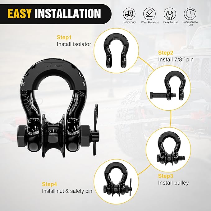 Nilight 3/4" D-Ring Shackle w/Snatch Block (2 Pack) 9,500 lb Working Load, 2-in-1 Heavy‑Duty Towing Pulley w/Isolator for Off‑Road Recovery, Winch Cable & Rope, Truck Jeep ATV UTV Tractor, Black