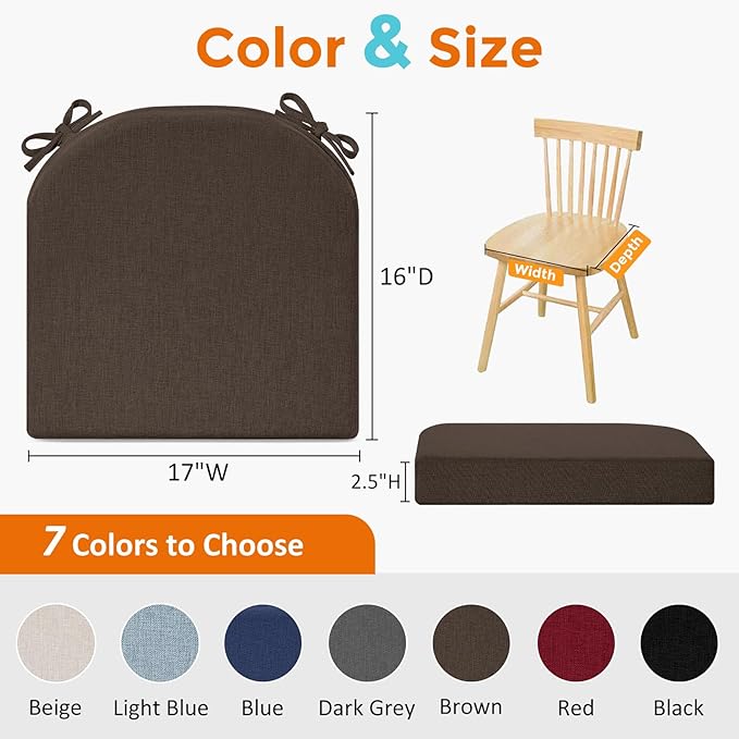 downluxe Chair Cushions for Dining Chairs, Memory Foam Linen Kitchen Chair Pads with Ties, Waterproof, Stain-Resistant and Washable Cover, 17" x 16" x 2.5", Brown, 2 Pack