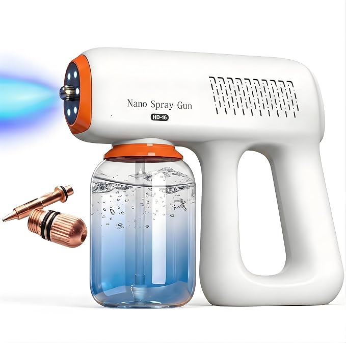 Professional Disinfectant Sprayer Fogger Machine, Nano Spray Gun with All Metal Nozzle, Cordless Handheld Steam Gun with Blue Light, Rechargeable Portable Sprayer for Car Home Hotel Plants