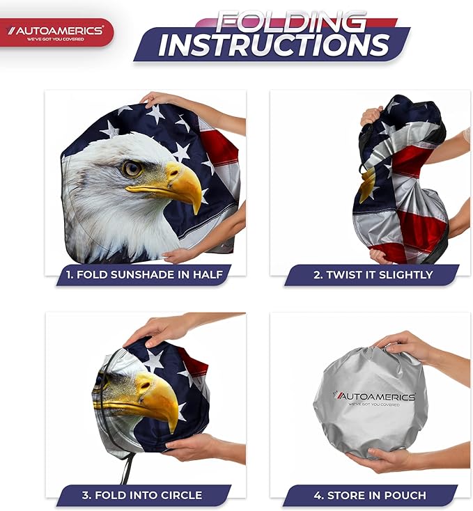 Autoamerics Truck Windshield Sun Shade with Storage Pouch & Anti-Slip Dash Pad - Foldable American Eagle Flag-3 Design - Fits Most SUVs & Trucks - Blocks UV Rays, Keeps Car Cool | X-Large (66 x 36 in)