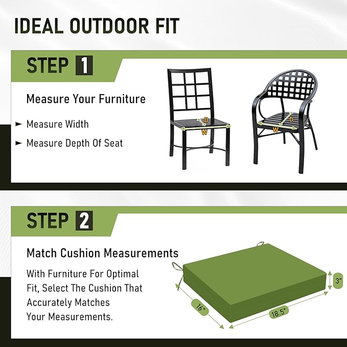 Basic Beyond Outdoor Chair Cushions Set of 4, Square Corner Outdoor Cushions for Patio Furniture, Water Resistant Patio Chair Cushions with 2 Ties, 18.5x16x3, Grass Green