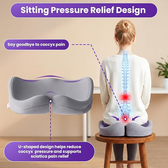 ZZ-WELL Seat Cushions for Office Chairs - Coccyx Cushion for Tailbone Pain Pressure Relief - Memory Foam Butt Pillows for Long Sitting - Patented Design, Extra Large & Thick, 21.2 Inches (Light Grey)