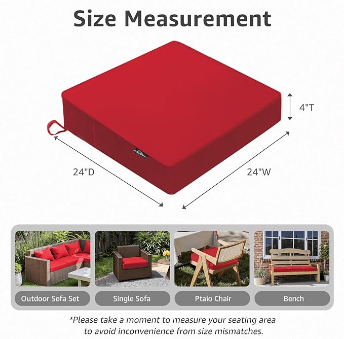 PatioGlow Outdoor Chair Cushions 24 x 24 x 4 Inch, Waterproof & Fade Resistant Patio Seat Cushion for Furniture with Handle and Ties, Thick Seating Pads for Outside Sofa Couch Set of 2, Red