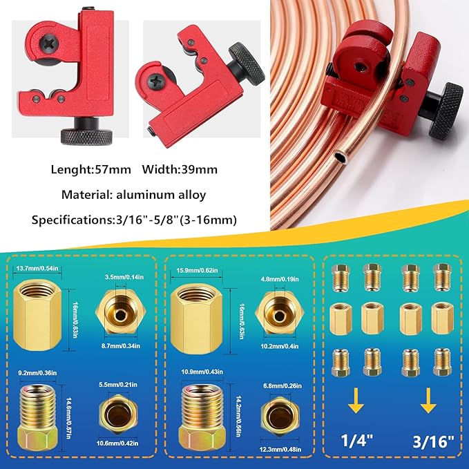 smseace 55Pack 3/16 Inch+1/4 Inch Brake line kit Include 25 FT Copper-Plated Brake Lines with Fitting(32pcs Fittings,4pcs Union+8pcs Nut) Brake line Bender,Single Flare Tool,Cutter Brake line kit
