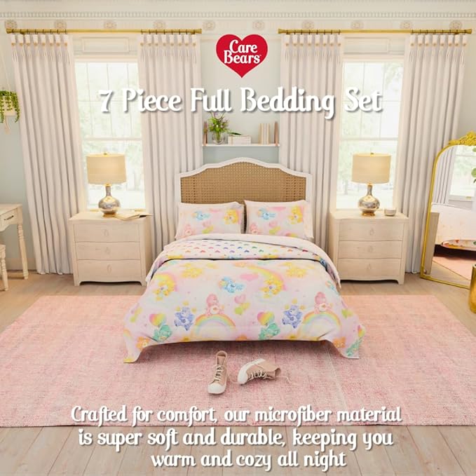 Care Bears Classic Retro Rainbow Bedding 7 Piece Super Soft Comforter and Sheet Set with Sham, Full, (100% Official Licensed Product) by Franco Collectibles