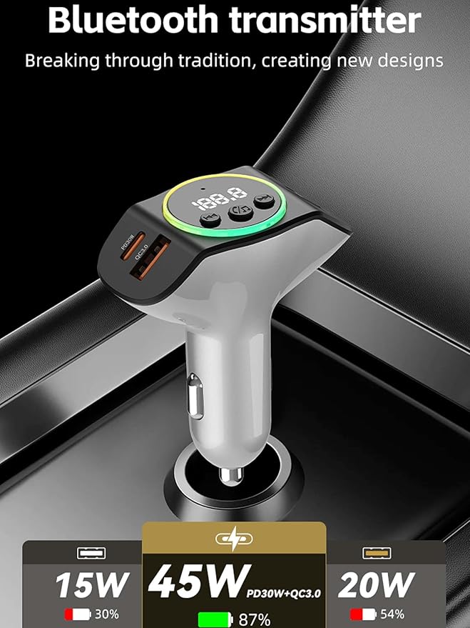 Bluetooth 5.3 FM Transmitter for Car, Wireless Car Adapter with QC3.0/PD30W Fast Charging, Hands-Free Calling, AUX/USB Playback, Navigation Broadcast & 7-Color Mood Light, Ideal for Older Cars/Trucks