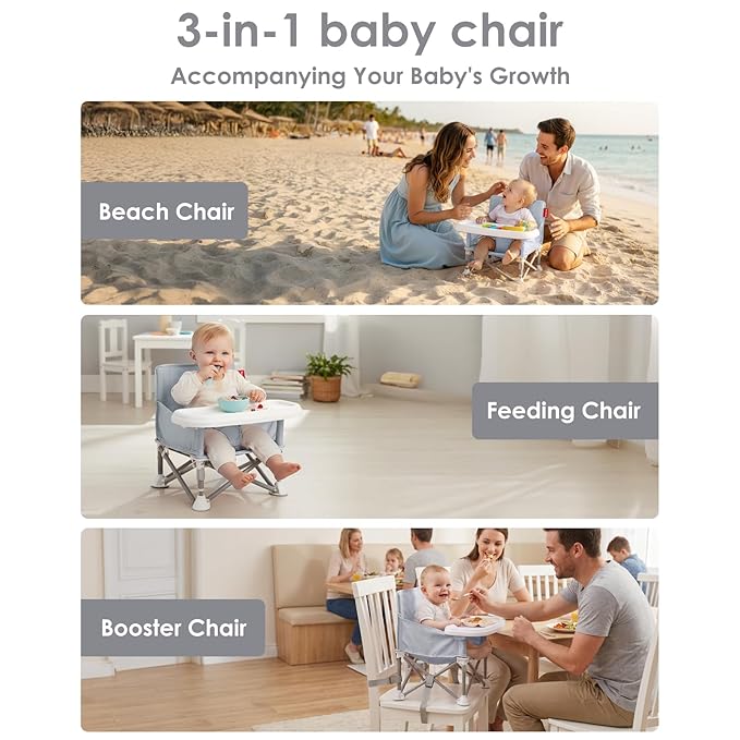 Tiny Marvels Portable Booster Seat, Foldable Baby High Chair with Removable Tray, Safety Harness & Carry Bag – for Toddlers Ages 6M-3Y, Ideal for Dining, Travel, Camping & Family Time