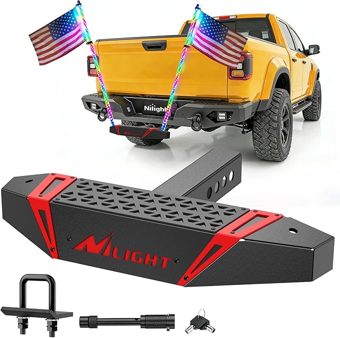 Nilight Hitch Step with Whip Mount Holes 2" Receiver Upgraded Textured Black Anti-Slip Step Bar Rear Bumper Guard Protector Includes Hitch Lock & U-Bolts Universal Fit for Trucks SUV Car Van