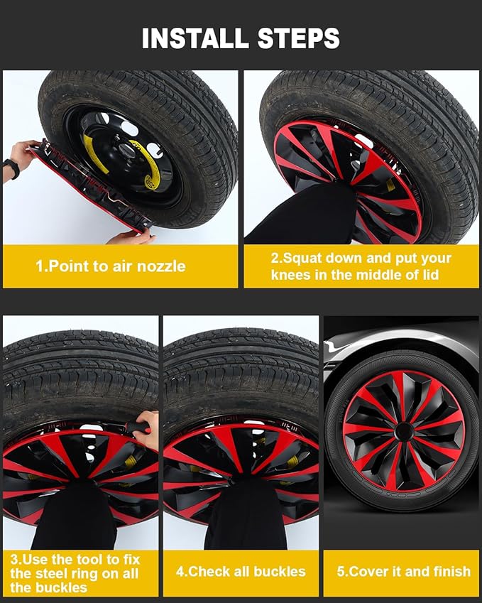 ABX Hubcaps,16 inch hubcaps Set of 4, Wheel Rim Cover ABS Material, Snap On Car Truck SUV Replacement, for Toyota Camry Nissan Mazda etc, Black & Red