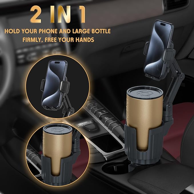 bokilino Phone Holders for Your Car, 2 in 1 Universal Cup Holder Expander Adjustable Base with Phone Mount, Long Arm with 360°Rotation Cup Holder Phones Mount for Car Compatible with All Smartphones