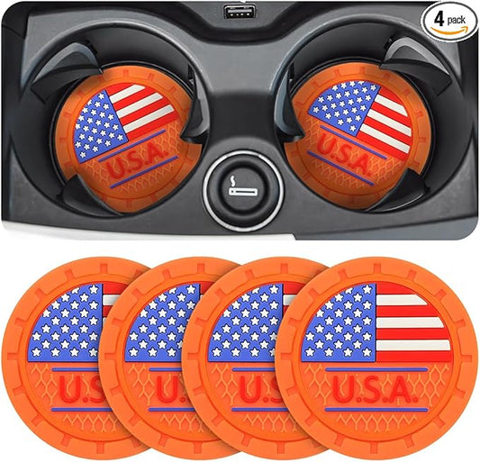 AUCELI 4 Pack Car Cup Holder Coasters, Colored American Flag US Flag Insert Car Cup Coaster, 2.75 Inch Anti Slip Shockproof Embedded Drink Mat, Vehicle Interior Decor Accessories