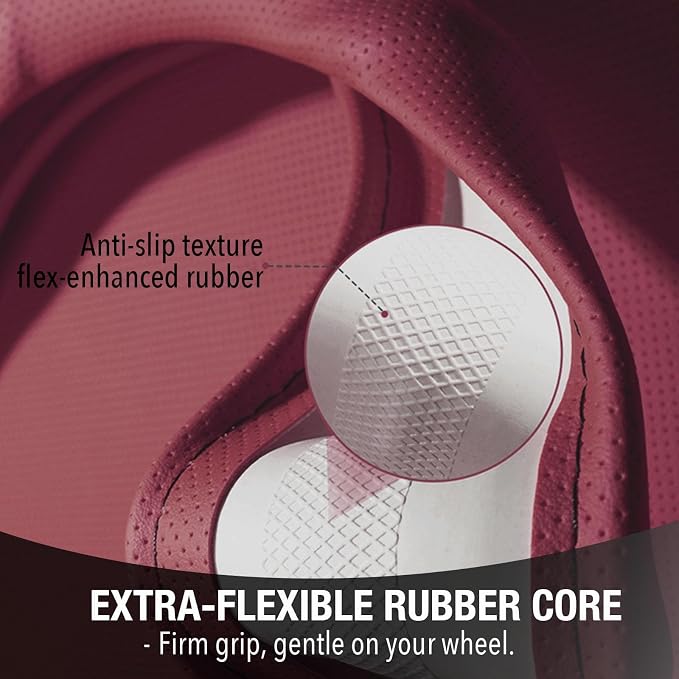 PINCTROT XL 17.5-18in Nappa Leather Supported Grip Steering Wheel Cover for Semi Truck, Fits RV, Big Rig Trucker, 18 Wheeler and Classic Cars, Anti-Slip Perforated Design 17.5-18 Inch (Burgundy Red)