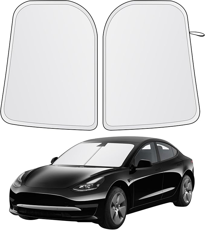 EcoNour Two-Piece Foldable Front Windshield Sun Shade for Tesla Model 3 & Y 2017–2026, 240T Reflective UV & Heat Protection, Storage Pouch Included, Custom Fit with Upgraded Design