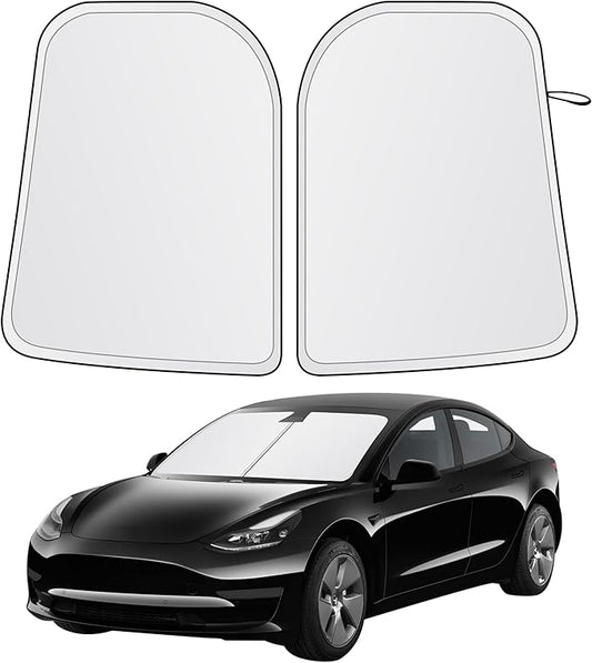 EcoNour Two-Piece Foldable Front Windshield Sun Shade for Tesla Model 3 & Y 2017–2026, 240T Reflective UV & Heat Protection, Storage Pouch Included, Custom Fit with Upgraded Design