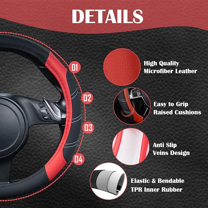 CAR PASS Line Rider Microfiber Leather Sporty Steering Wheel Cover Universal Fits for 95% Truck,SUV,Cars,14.5-15inch Anti-Slip Safety Comfortable Desgin (Black-Red)