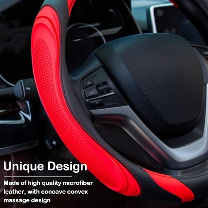 Concave Convex Massage Black Red Microfiber Leather Steering Wheel Cover, 14.5-15 Inch Non-Slip Breathable Microfiber Car Steering Wheel Protector