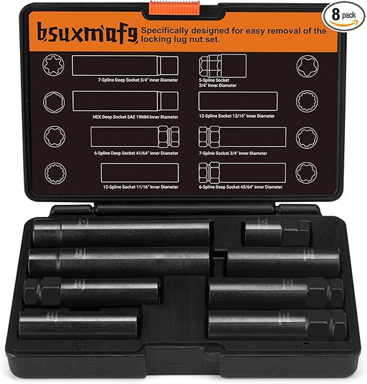 8Pcs Wheel Lock Removal Kit, Locking Lug Nut Master Key Set for Easily Removing Spline and Hex Style Aftermarket Wheel Lug Nuts, 5, 6, 7, 12 Spline and Spike Lug Nut Socket Key
