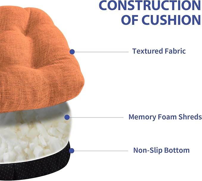 IPYNBAP Chair Cushions for Dining Chairs Set of 6, Kitchen Chair Cushions, Chair Pads with Ties and Non Slip Backing, Tufted Memory Foam Seat Cushion 6 Pack, 15.5" x 15.5" x 4", Orange