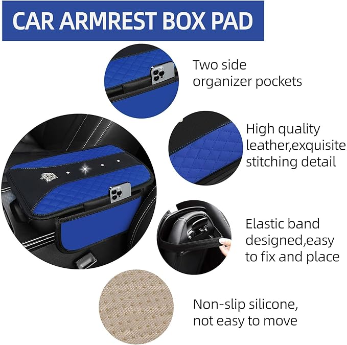 NBTEPEM 6 PCS Bling Car Accessories Set, Leather Steering Wheel Covers Universal 14.5-15 inch, Center Console Cover, Seat Belt Cushion, Cup Holder Coaster (Blue)
