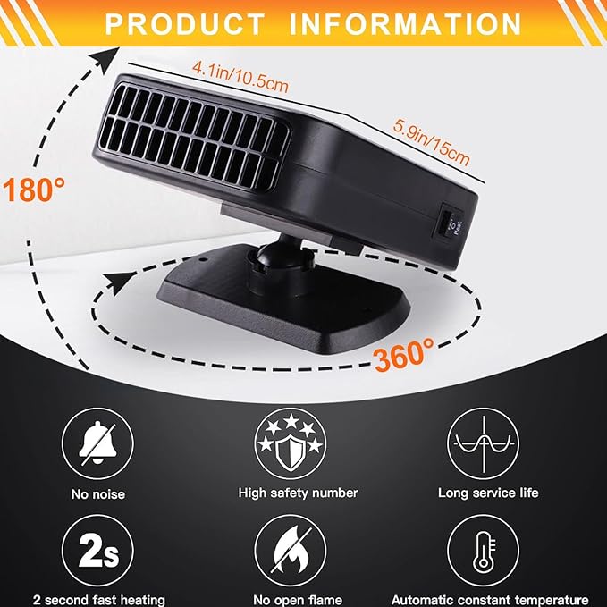 Car Heater & Defroster 12V Portable Car Heaters for Vehicle – 200W Fast Heating & Cooling Fan with 360° Rotatable Base Plug In Windshield Defogger for Car,Truck,SUV,RV | Auto Heater for Winter Driving