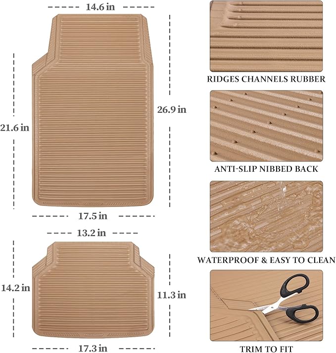 CAR PASS Rubber Floor Mats - All Weather, Full Set 4-Piece, Waterproof Automotive Mats Trim to Fit Most Cars, Sedans, SUVs, Vans - Heavy Duty Anti-Slip Easy Clean, All Beige